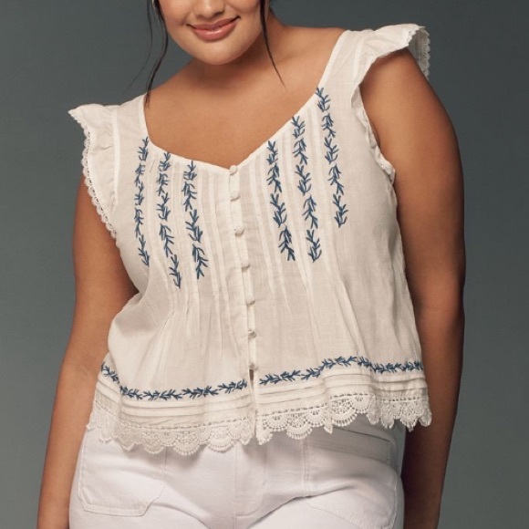 Anthropologie 2x BNWT pintuck cotton embroidered shirt - Picture 5 of 7